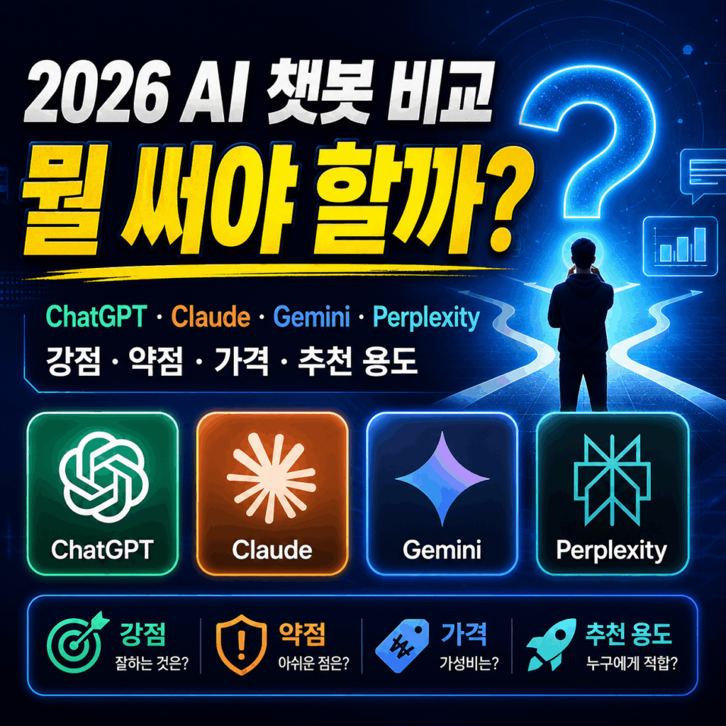 2026 AI 챗봇 비교 썸네일, ChatGPT Claude Gemini Perplexity의 강점과 추천 용도를 비교하는 이미지
