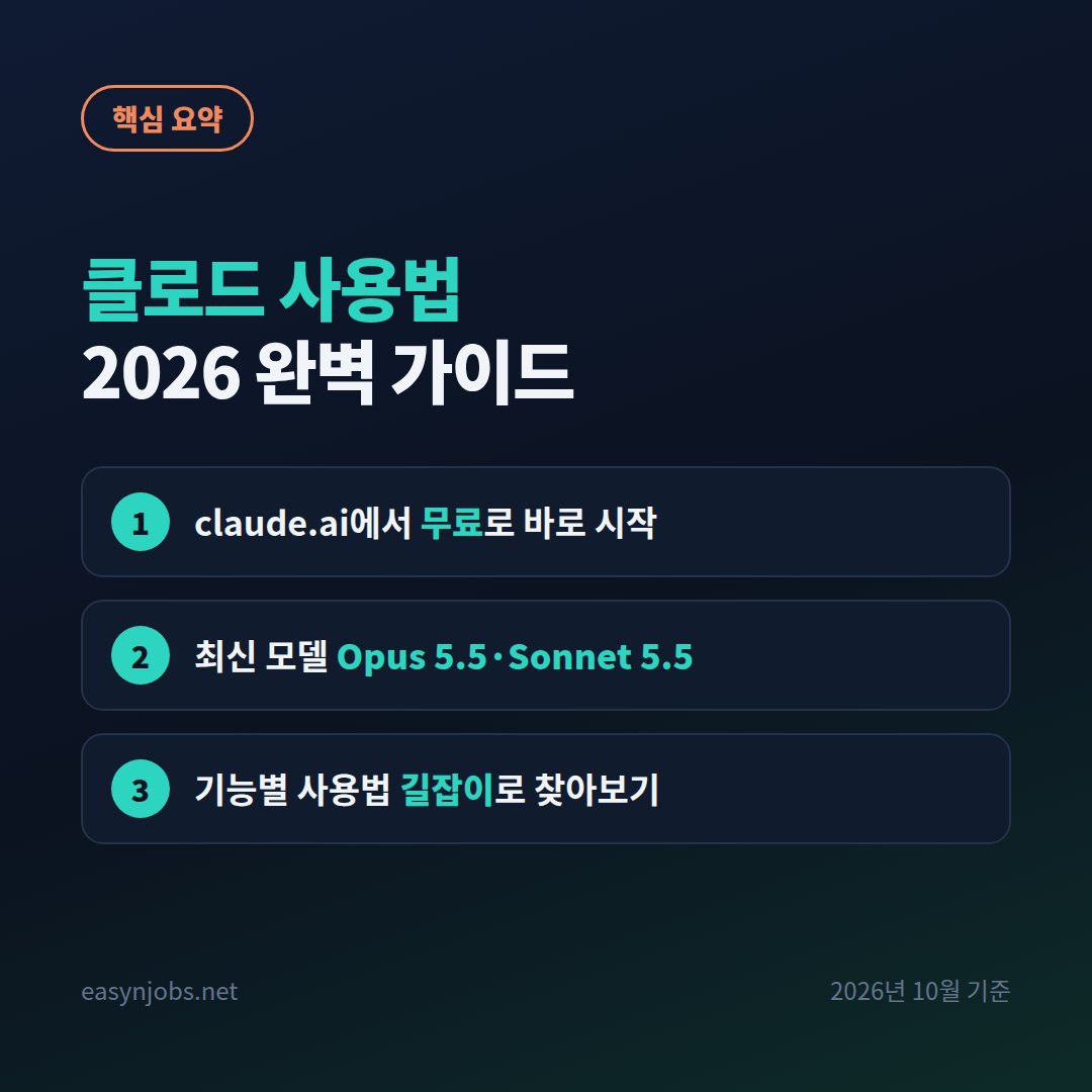클로드 사용법 2026 완벽 가이드 핵심 요약: claude.ai에서 무료로 바로 시작 / 최신 모델 Opus 5.5·Sonnet 5.5 / 기능별 사용법 길잡이로 찾아보기