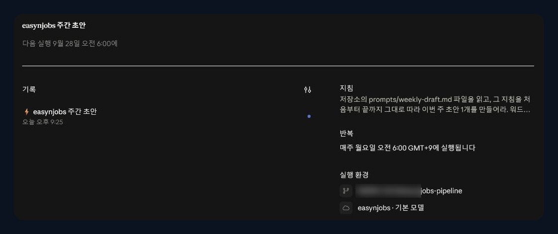 Claude Code 루틴 설정 화면: 매주 월요일 오전 6시 실행, 저장소와 클라우드 환경 지정
