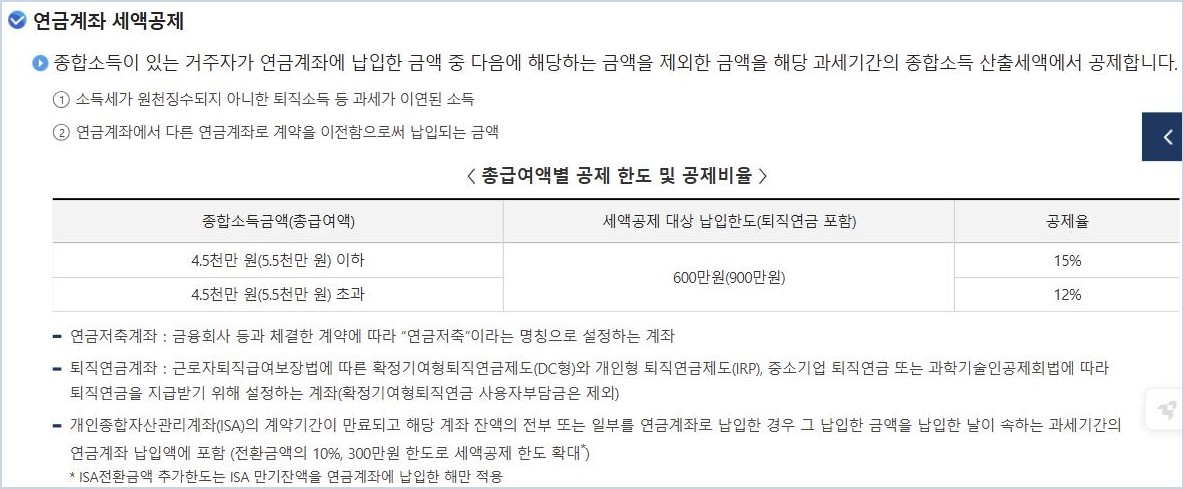 국세청 근로소득 연금계좌 세액공제 총급여액별 공제 한도 및 공제율 화면