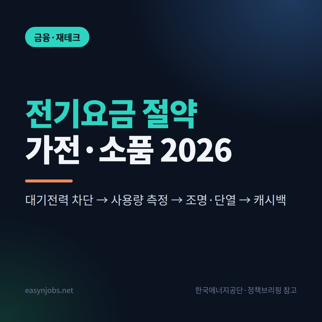전기요금 절약 가전·소품 2026 썸네일: 대기전력 차단, 사용량 측정, 조명·단열, 에너지캐시백