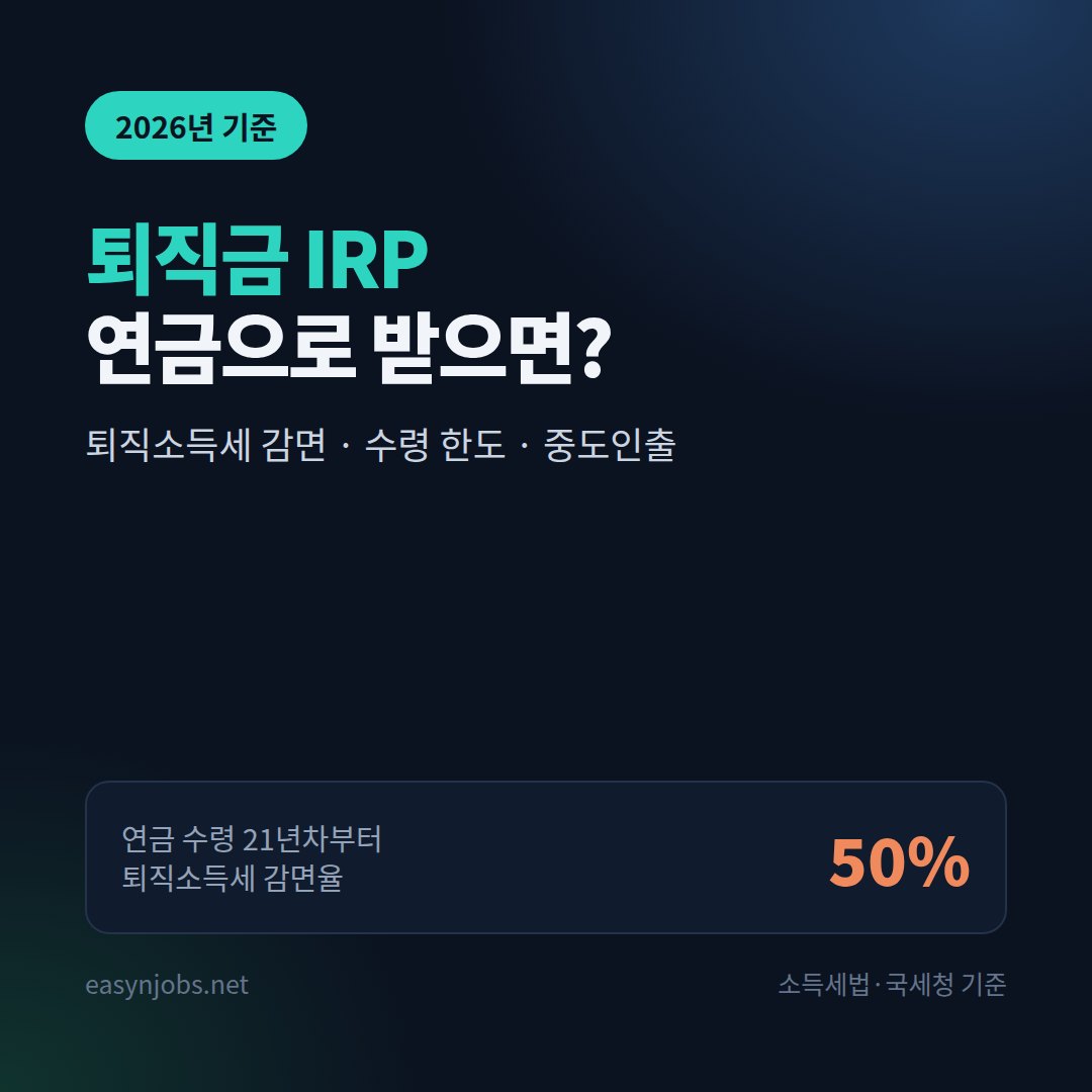 퇴직금 IRP 연금으로 받는 법 2026: 퇴직소득세 최대 50% 감면 조건과 수령 순서
