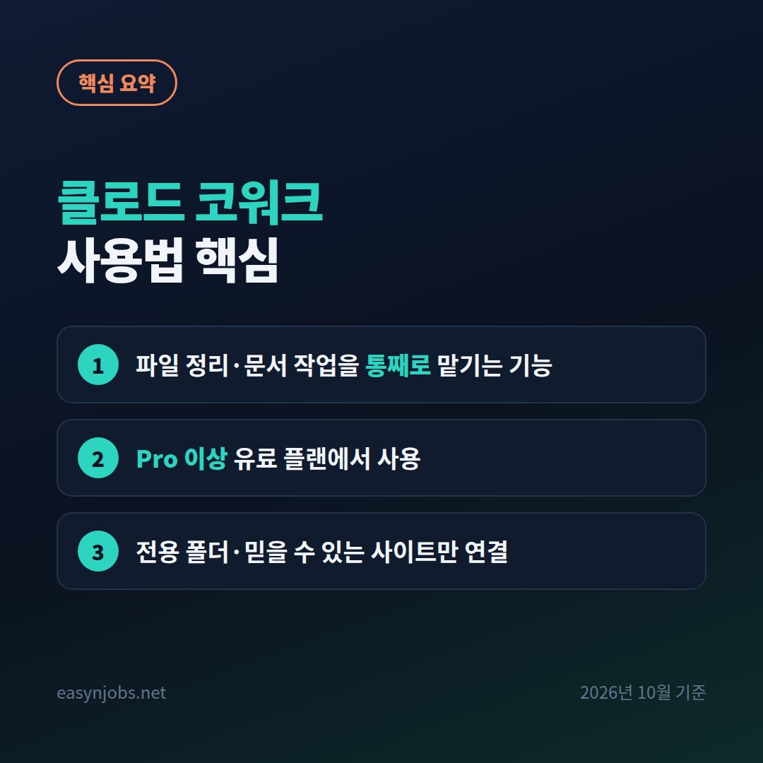 클로드 코워크 사용법 핵심 핵심 요약: 파일 정리·문서 작업을 통째로 맡기는 기능 / Pro 이상 유료 플랜에서 사용 / 전용 폴더·믿을 수 있는 사이트만 연결
