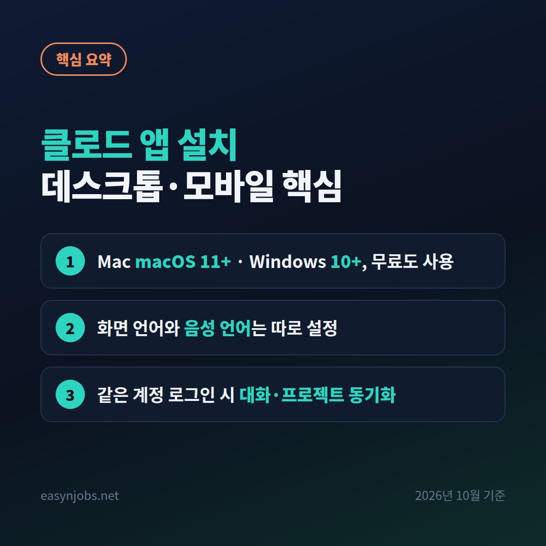 클로드 앱 설치 핵심 요약: macOS 11·Windows 10 이상, 화면 언어와 음성 언어 따로 설정, 같은 계정이면 대화·프로젝트 동기화