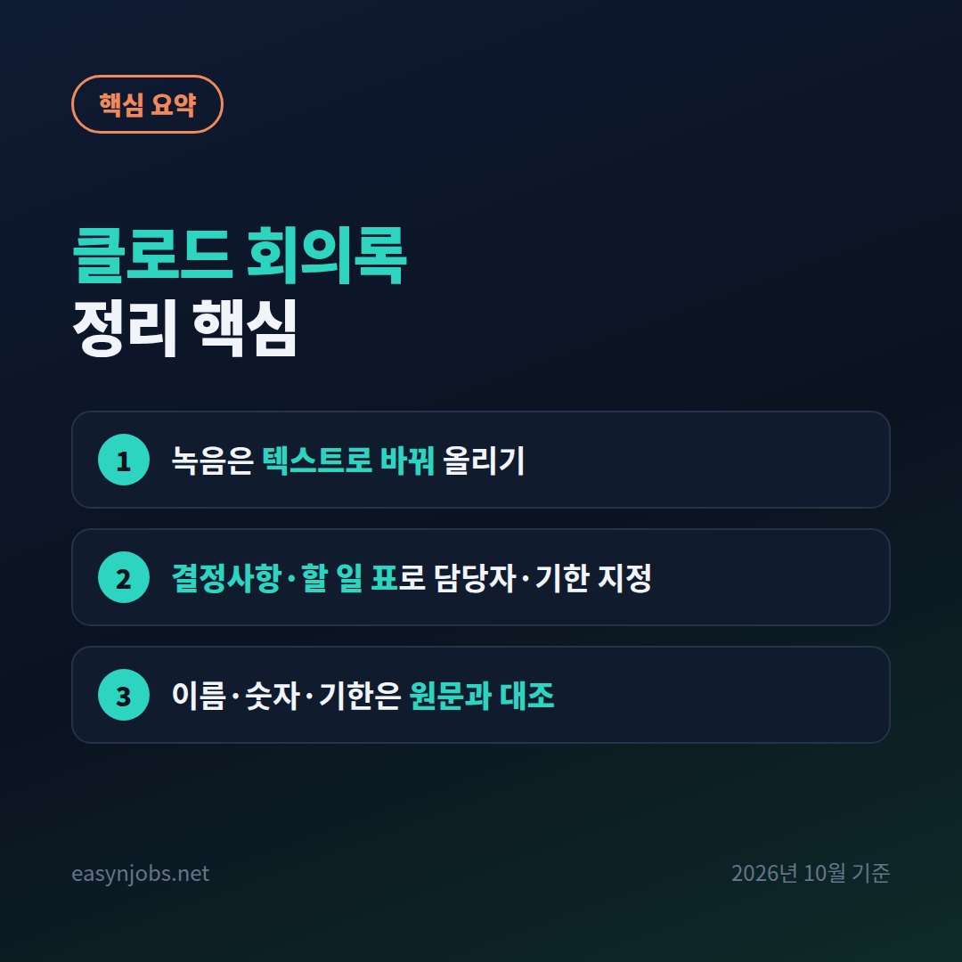 클로드 회의록 정리 핵심 요약: 녹음은 텍스트로 바꿔 올리기 / 결정사항·할 일 표로 담당자·기한 지정 / 이름·숫자·기한은 원문과 대조