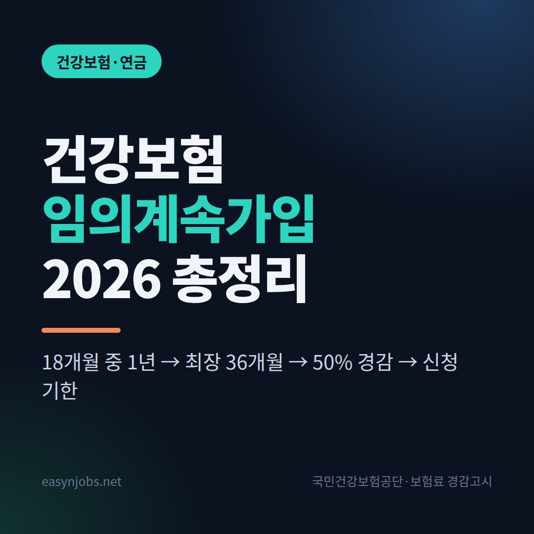 건강보험 임의계속가입 2026: 퇴직 후 36개월 조건·보험료·신청 기한